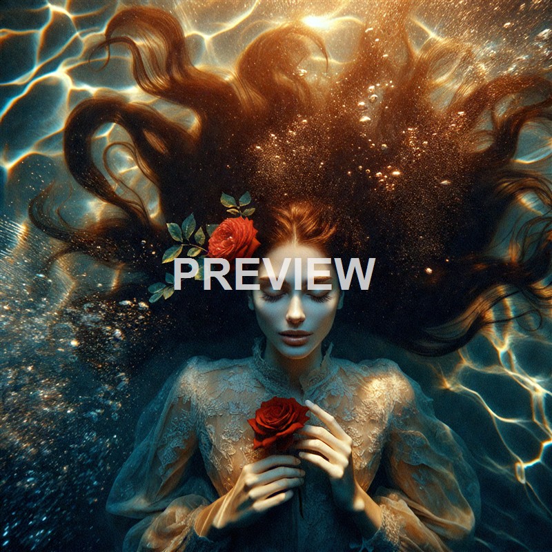 A woman with long, flowing hair and closed eyes is submerged underwater, holding a red rose close to her chest, with another rose in her hair, surrounded by shimmering light reflections on the water's surface.